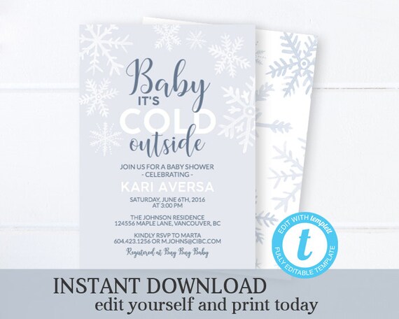 Snowflake Boy Baby Shower Invitation, Winter Boy Baby Shower Invite, Baby It's Cold Invitation Boy, Blue Snowflake Baby Shower, Templett Il_570xn