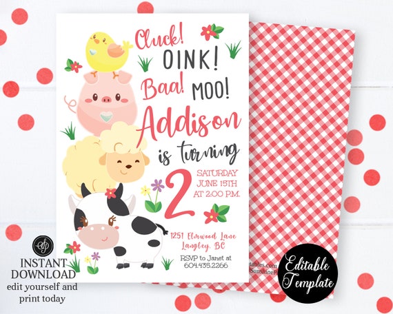 Farm Invitation, Farm Birthday Invitation, Printable Invitation, Farm Animals, Birthday Invitation, Barnyard Bash, EDITABLE TEMPLATE, SP0050 Il_570xn