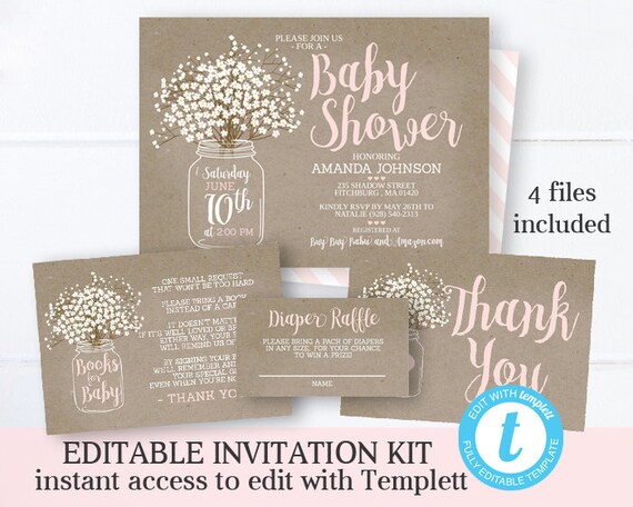 Baby Shower Invitation Kit Girl Rustic Kraft Mason Jar Invitation Set Editable Baby Shower Invitation Rustic Baby Invite Instant Download Il_570xn