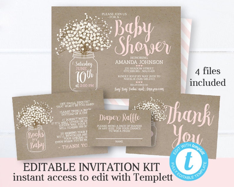 Baby Shower Invitation Kit Girl Rustic Kraft Mason Jar Etsy