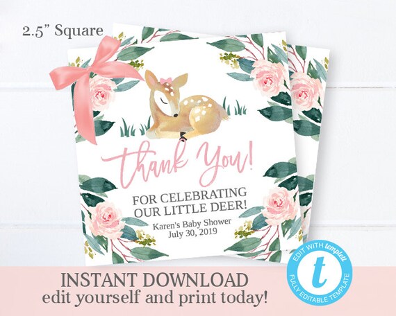 Woodland Baby Girl Shower Favor Tag, Printable File, Editable Template, Templett, Woodland Girl Birthday 2.5" Square Favor Tag SP0018 Il_570xn
