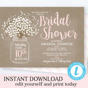 Mason Jar Bridal Shower Invitation Template INSTANT DOWNLOAD Printable Wedding Shower Invite Rustic Bridal Brunch Bridal Invite Editable image 1
