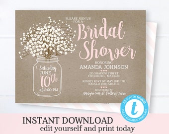 Mason Jar Bridal Shower Invitation Template INSTANT DOWNLOAD Printable Wedding Shower Invite Rustic Bridal Brunch Bridal Invite Editable