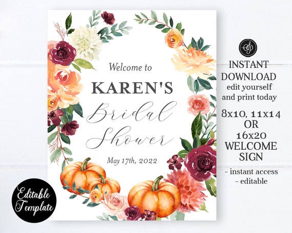 Fall Floral Bridal Shower Welcome Sign, 8x10, 11x14, 16x20, Printable Editable Template Templett Bridal Shower Party Sign SP0052 Il_570xn