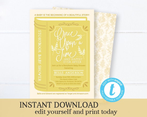 Gender Neutral Once Upon a Time Baby Shower Invitation, Storybook Baby Shower Invite, INSTANT DOWNLOAD, Editable, Templett, Yellow & Gold Il_570xn