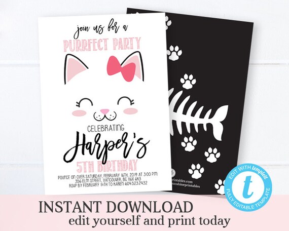 Kitty Cat 6th Birthday Invitation Girl Kitty Birthday Party Invite Cat Invitation Kitty Invitation Girl Birthday Editable Invitation Il_570xn
