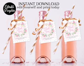 Blush Pink Floral Baby Shower Champagne Tags, Printable Baby Shower Champagne Bottle or Favor Tag Template, Bubbly, Girl Baby Shower, SP0034