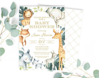 Safari Theme, Safari Theme Party, Safari Baby Shower Invitation, Animal Baby Shower, Jungle Animals, Baby Shower Invites, Greenery, Giraffe