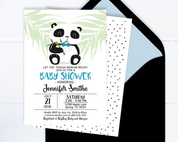 Panda Baby Shower Invitation Printable Baby Boy Shower Invite Minimalist Baby Shower Black and White Baby Shower Printed Invitations Blue Il_570xn