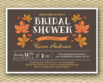 Fall Bridal Shower Invitation, Rustic Fall Bridal Shower Invite, Bridal Invitation, Autumn Bridal Shower,  ANY EVENT, Any Colors