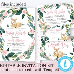 Woodland Animals Floral Invitation Set Baby Girl Shower Editable Template Woodland Invite Girl Baby Shower Invitation Kit SP0018 image 1