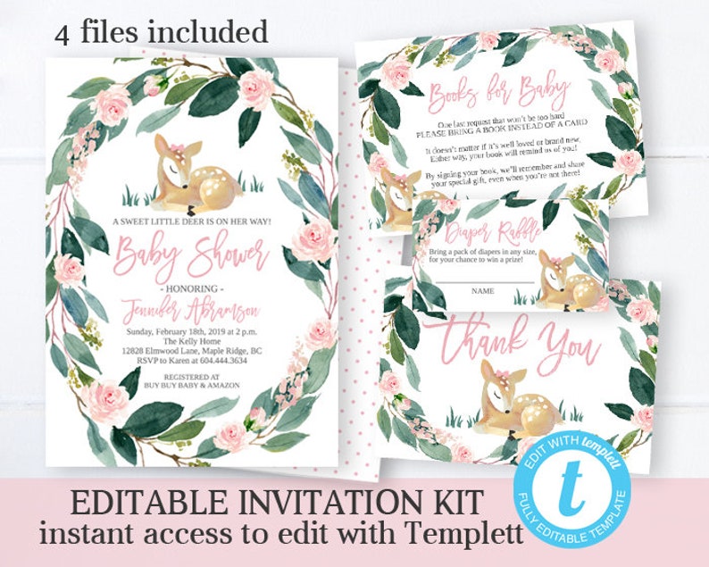 Woodland Animals Floral Invitation Set Baby Girl Shower Editable Template Woodland Invite Girl Baby Shower Invitation Kit SP0018 image 1