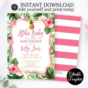 Tropical Girl Baby Shower Invitation KIT, Hawaiian Baby Shower Invitation Bundle, Aloha Baby Girl Shower Kit, EDITABLE TEMPLATE, SP0038 image 5