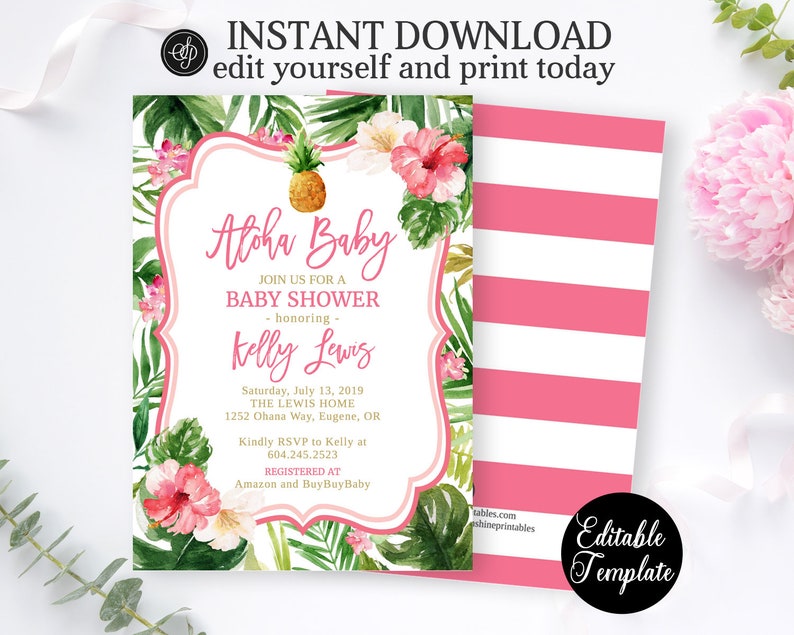 Tropical Girl Baby Shower Invitation KIT, Hawaiian Baby Shower Invitation Bundle, Aloha Baby Girl Shower Kit, EDITABLE TEMPLATE, SP0038 image 5