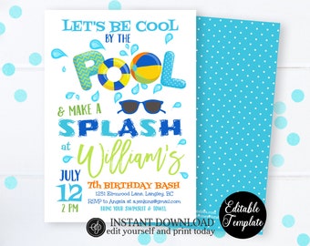 Swimming Birthday Party Invite, Cool by the Pool Birthday Party Invitation, Pool Party Invitation, Summer Party, Instant Download SP0039