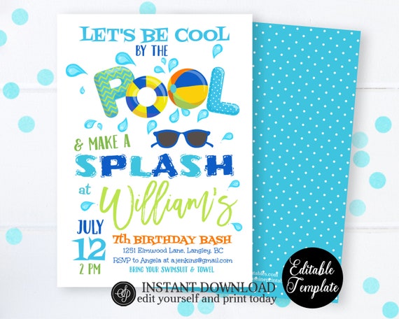 Swimming Birthday Party Invite, Cool by the Pool Birthday Party Invitation, Pool Party Invitation, Summer Party, Instant Download SP0039 Il_570xn