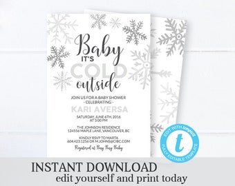 Baby It's Cold Outside Baby Shower Invitation Winter Baby Shower Invite Gender Neutral Gray Silver Snowflake Invitation Instant Download