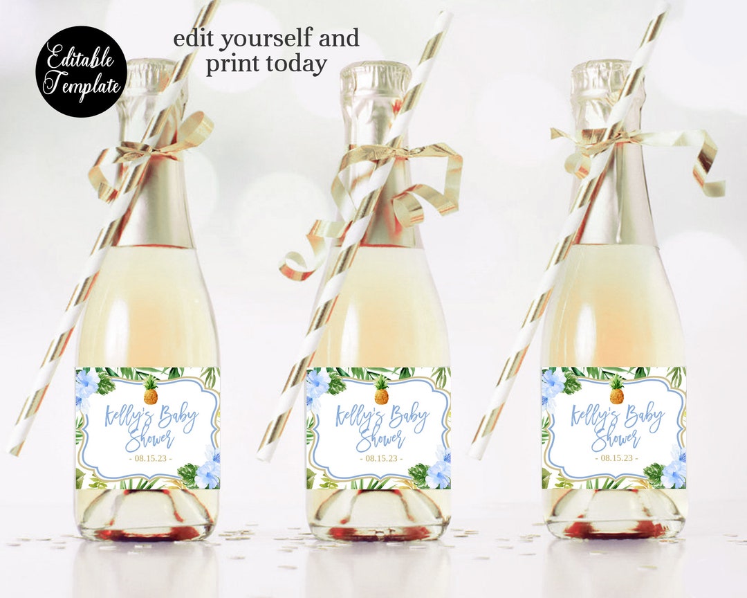 EDITABLE Mini Champagne Bottle Sticker Labels, Tropical Hawaiian Baby ...