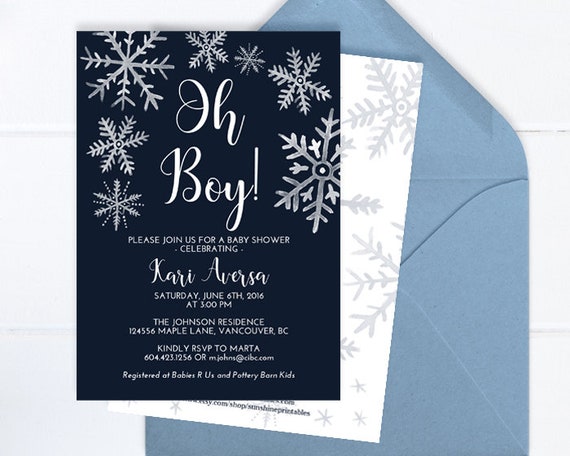 Oh Boy Winter Baby Shower Invitation, Navy Blue & White Snowflake, Boy Baby Shower, Baby Boy Shower, Winter Baby Shower Boy, Printable Il_570xn