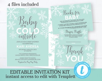 Gender Neutral Snowflake Baby Shower Invitation, Baby It's Cold Outside, Winter Shower Invite, Aqua, Watercolor Snowflakes, Editable File