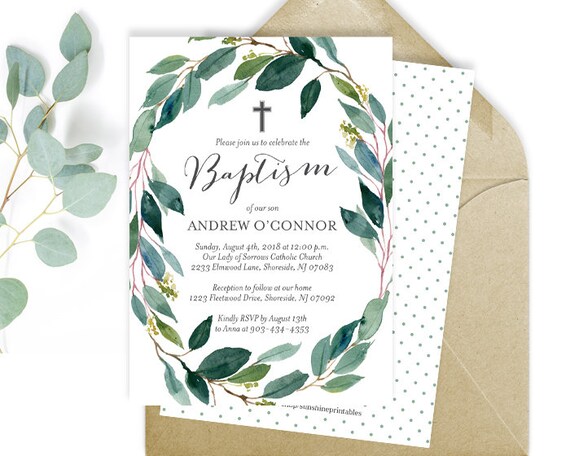 Boy Baptism Invitation Greenery Baptism Invite Rustic Baptism Invitation Christening Confirmation Printable or Printed Invitations Il_570xn