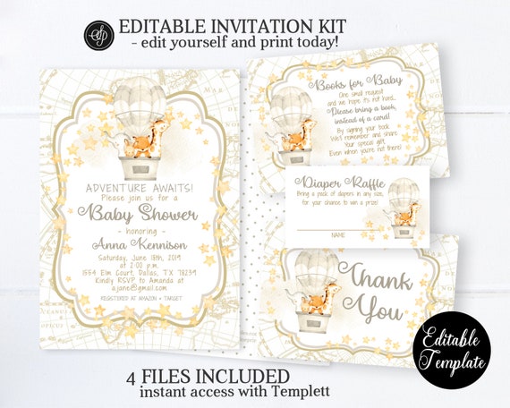 Printable Hot Air Balloon Baby Shower Invitation, Gender Neutral Baby Shower Invite, Gold, Animals, Editable Template, SP0035 Il_570xn