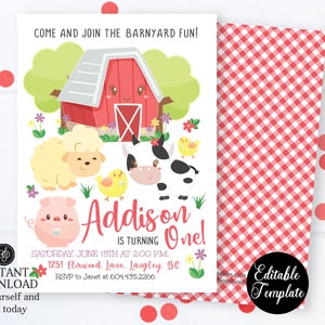 Farm 1st Birthday Invitation, Barnyard 1st Birthday Invite, Printable Invitation, Farm Animals, Barnyard Fun, EDITABLE TEMPLATE, SP0050 image 1