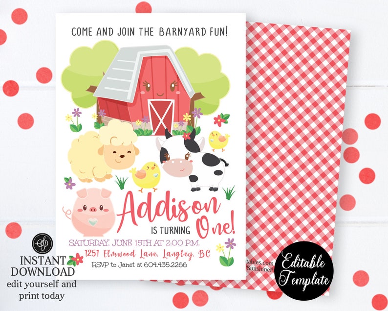 Farm 1st Birthday Invitation, Barnyard 1st Birthday Invite, Printable Invitation, Farm Animals, Barnyard Fun, EDITABLE TEMPLATE, SP0050 image 1