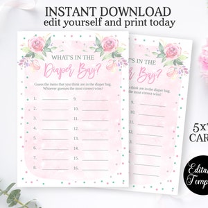 Printable What's in the Diaper Bag Game, Pink Floral Baby Girl Shower ...