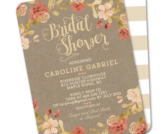 Bridal Shower Invitation, Rustic Kraft, Fall Floral Bridal Shower Invite, Printable or PRINTED Wedding Shower