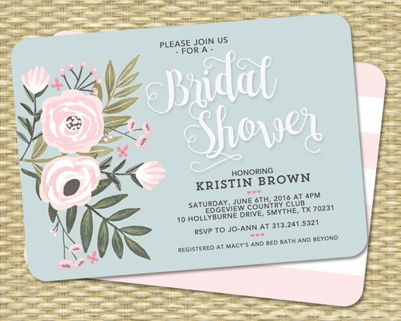 Floral Bridal Shower Invitation, Pink Floral Bridal Shower Invite, Dusty Blue Bridal Shower Invite, Wedding Shower Invitation, ANY EVENT Il_570xn
