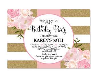 30th Birthday Invitation Pink Gold Glitter Stripes Pink Peonies Floral Birthday Invitation 21st 30th 40th 50th 60th 70th, Any Age or Event