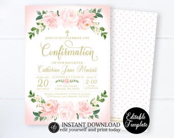 EDITABLE Confirmation Invitation Template, Pink & Gold Floral Printable Invitation, EDITABLE TEMPLATE, Girl Baptism Invitation, SP0058