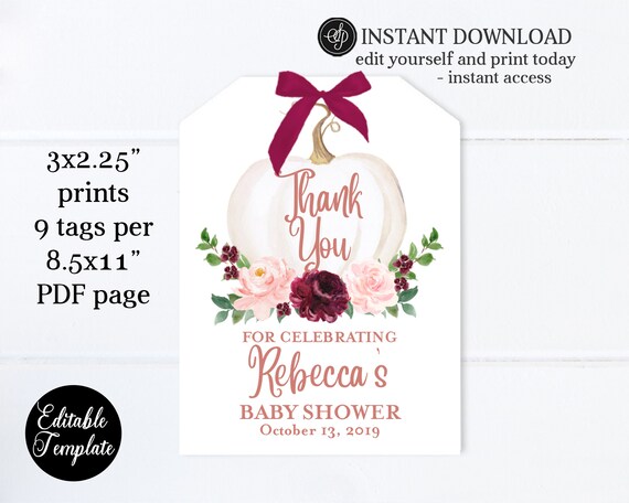 Rose Gold Floral Pumpkin Baby Shower Favor Tag, Printable File, Editable Template, Templett, Baby Girl Shower Favor Tag SP0056C Il_570xn