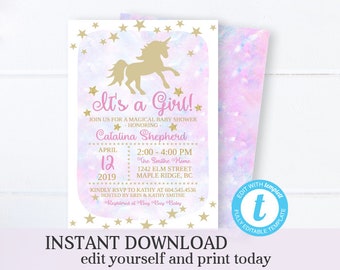 EDITABLE TEMPLATE Unicorn Baby Shower Invitation Printable Baby Shower Invite Baby Girl Shower Purple & Gold Magical Unicorn Baby Shower