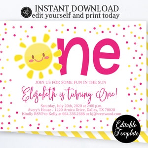 Fun in the Sun Turning ONE Girl 1st Birthday Invitation, Printable Editable Template, Sunshine Birthday Theme, Summer 1st Birthday SP0040 image 1