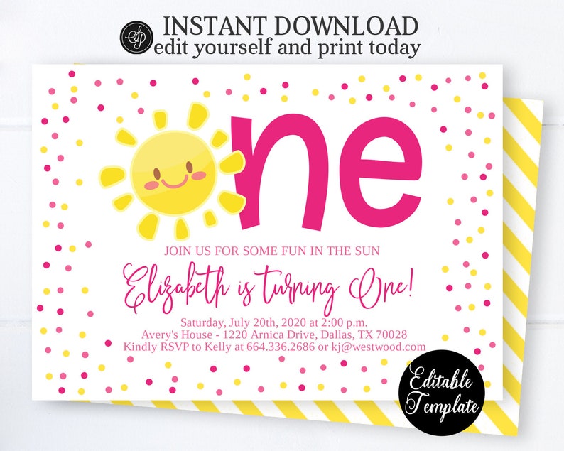 Fun in the Sun Turning ONE Girl 1st Birthday Invitation, Printable Editable Template, Sunshine Birthday Theme, Summer 1st Birthday SP0040 image 1