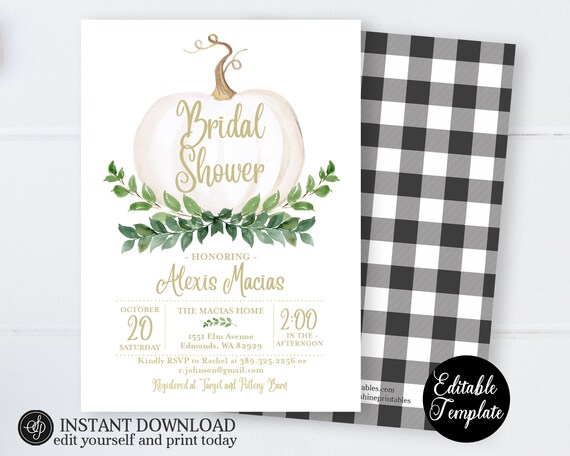 Fall Bridal Shower Invitation, Pumpkin and Greenery Bridal Shower Invite, Buffalo Plaid Backing, EDITABLE INVITATION, Templett, SP0056A Il_570xn
