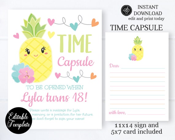 Little Pineapple 1st Birthday Time Capsule Sign with Matching Printable Message Cards, First Birthday Time Capsule EDITABLE TEMPLATE, SP0041 Il_570xn
