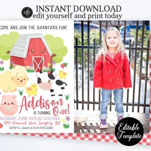 Farm 1st Birthday Invitation, Barnyard 1st Birthday Invite, Printable Invitation, Farm Animals, Barnyard Fun, EDITABLE TEMPLATE, SP0050 image 2