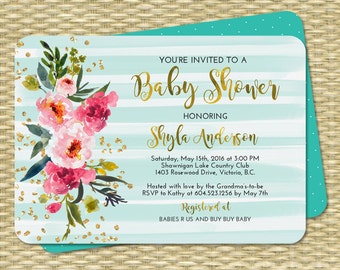 Neutral Baby Shower Invitation Gold Foil Gold Glitter Pink Hot Pink Teal Aqua Baby Shower Invite