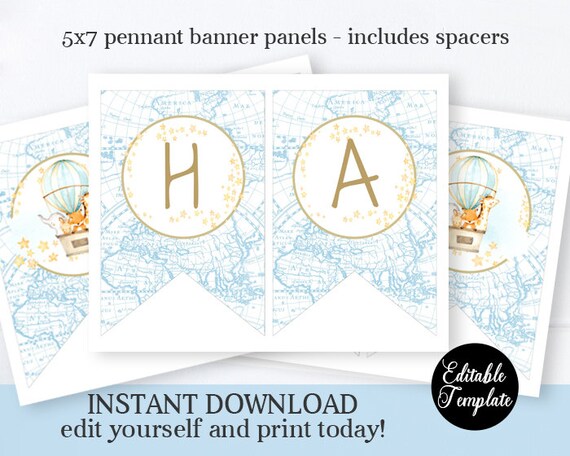 Editable Pennant Banner, Hot Air Balloon Baby Shower BOY, Blue and Gold, Animals Adventure Baby Shower, Templett SP0035 Il_570xn