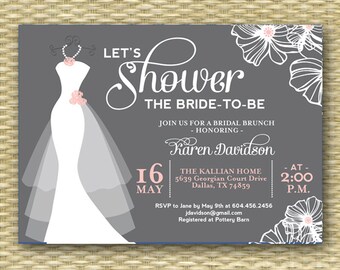 Let's Shower The Bride Invitation, Wedding Dress Bridal Shower Invitation, Bridal Shower Invite, Modern Bridal Shower Invitation, Pink Grey