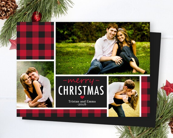 3 photo buffalo plaid christmas photo card printable modern christmas 