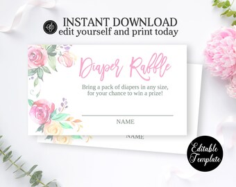 EDITABLE Floral Baby Shower Diaper Raffle Tickets, Blush Pink Baby Girl Shower, Printable Diaper Raffle Tickets, Girl Baby Shower SP0034