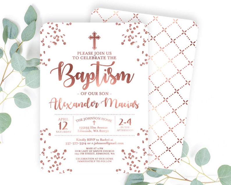 Rose Gold and Aqua Blue Baptism Invitation Baby Boy Baptism Invite Baby Boy Christening Invitation Name Day ANY EVENT Any Colors image 3