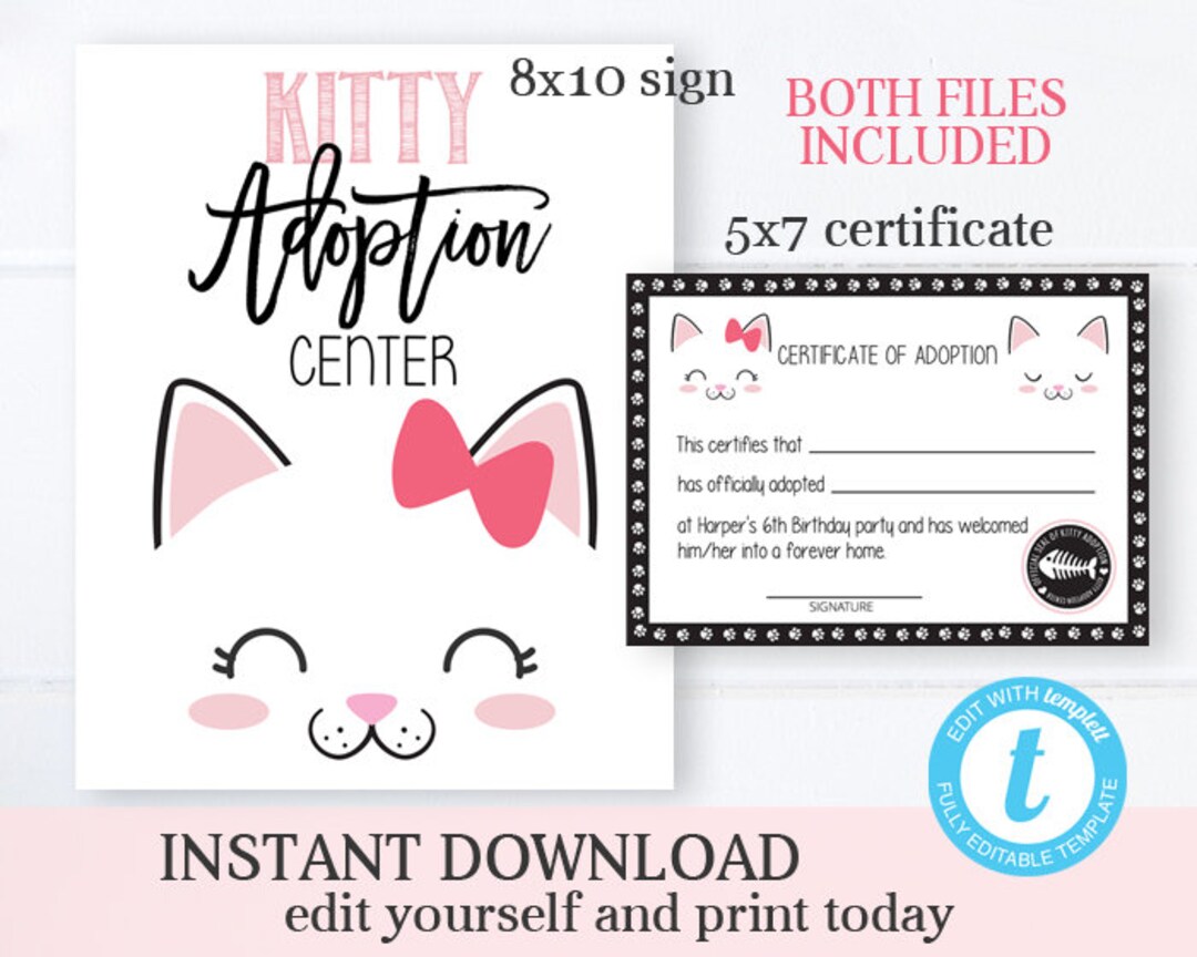 Adopt a Kitty Birthday Party Kit Printable Kitty Adoption Certificate ...
