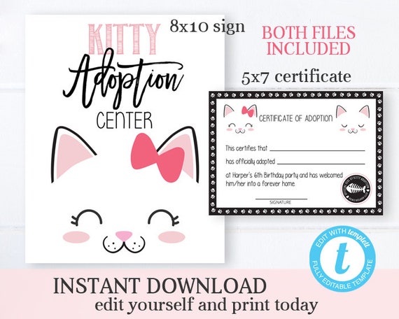 Adopt a Kitty Birthday Party Kit Printable Kitty Adoption Certificate and Sign Kitty Adoption Centre Sign and Certificate EDITABLE Printable Il_570xn