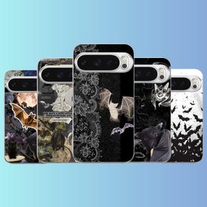 May include: Five smartphone cases featuring bat-themed designs. The cases display various artistic patterns including vintage collage, white lace, and black and white bat silhouettes. Each case has a cutout for a horizontal camera module.