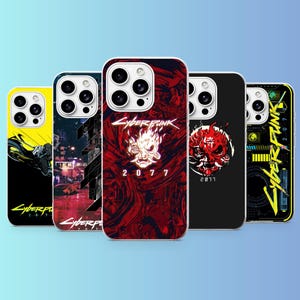 May include: Five smartphone cases featuring Cyberpunk 2077 designs. The cases display various graphics including a yellow motorcycle, a red abstract pattern with a white oni mask, a black background with a red oni logo, and yellow text on black.